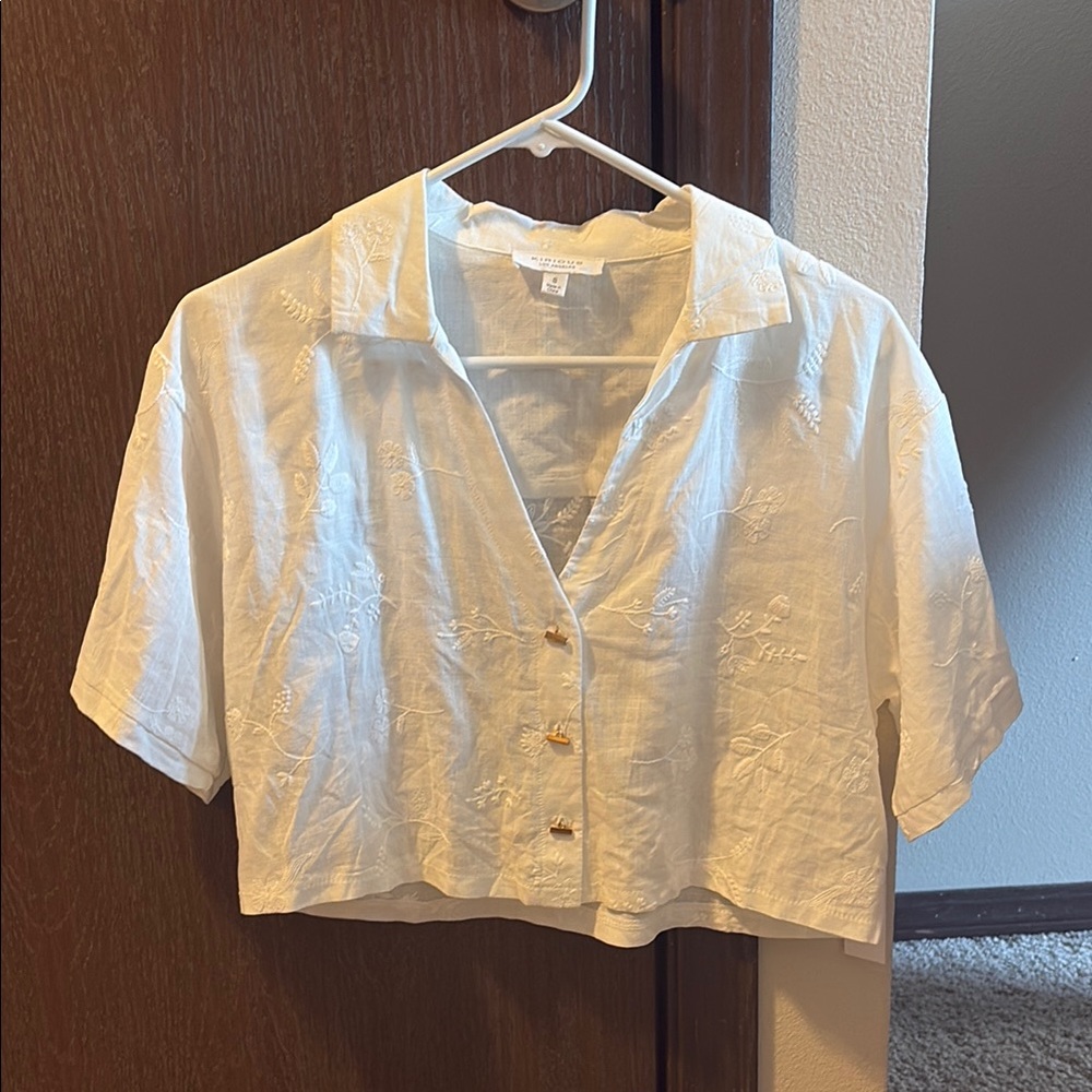 White Embroidered Button-Up Blouse